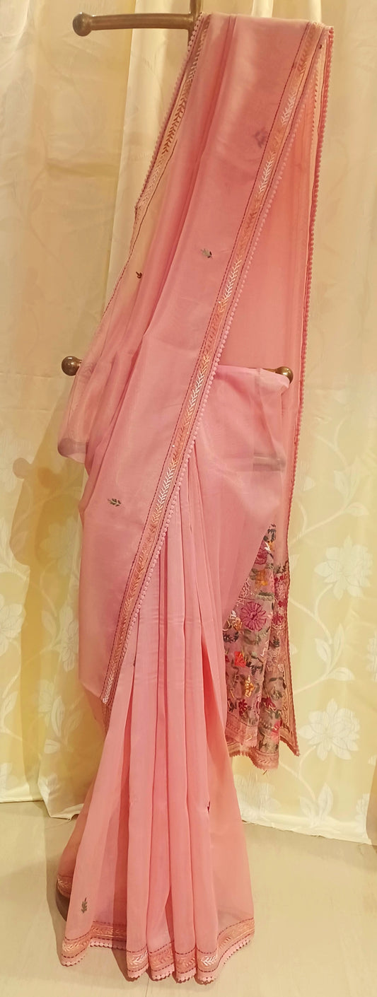 Peach Pink Soft Tissue Chanderi Saree