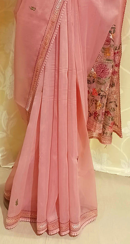 Peach Pink Soft Tissue Chanderi Saree