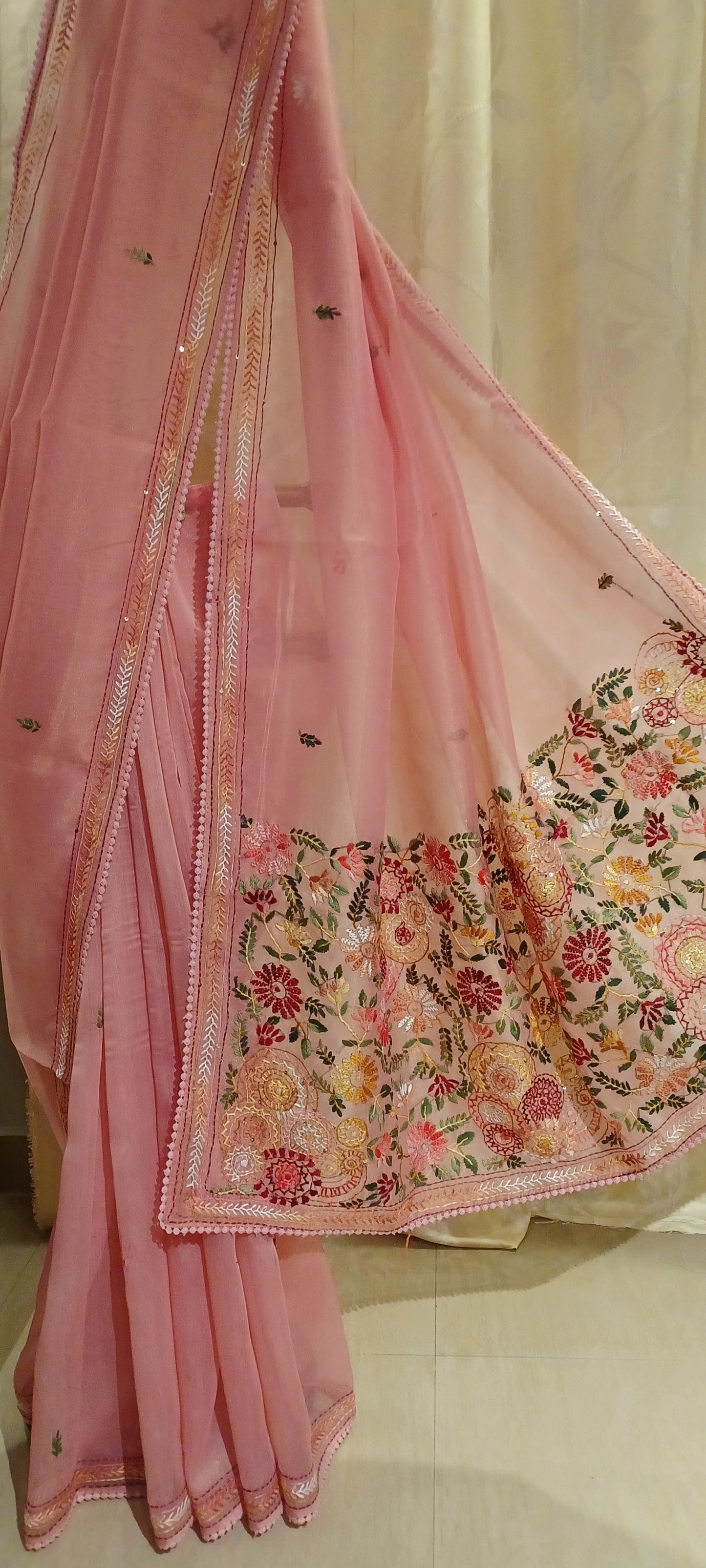 Peach Pink Soft Tissue Chanderi Saree