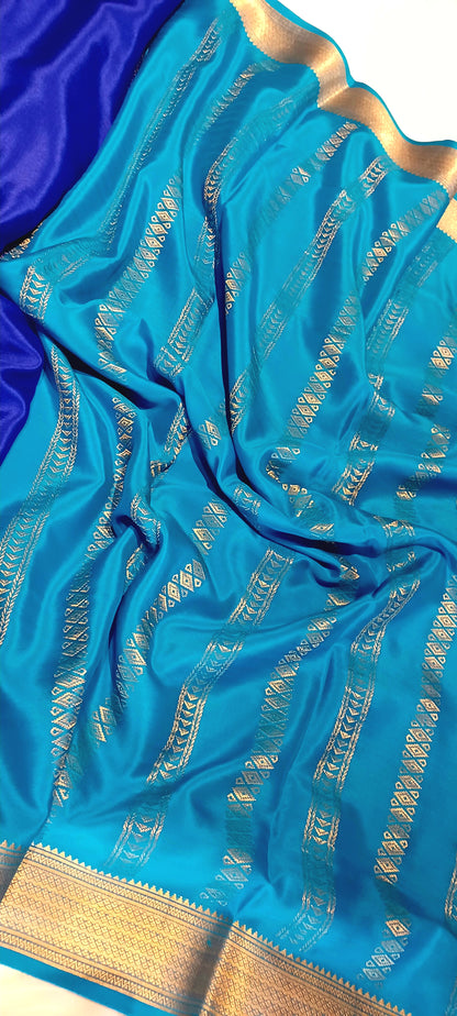 Royal Blue with Light blue border Pure Silk Pure Zari Mysore Crepe Saree