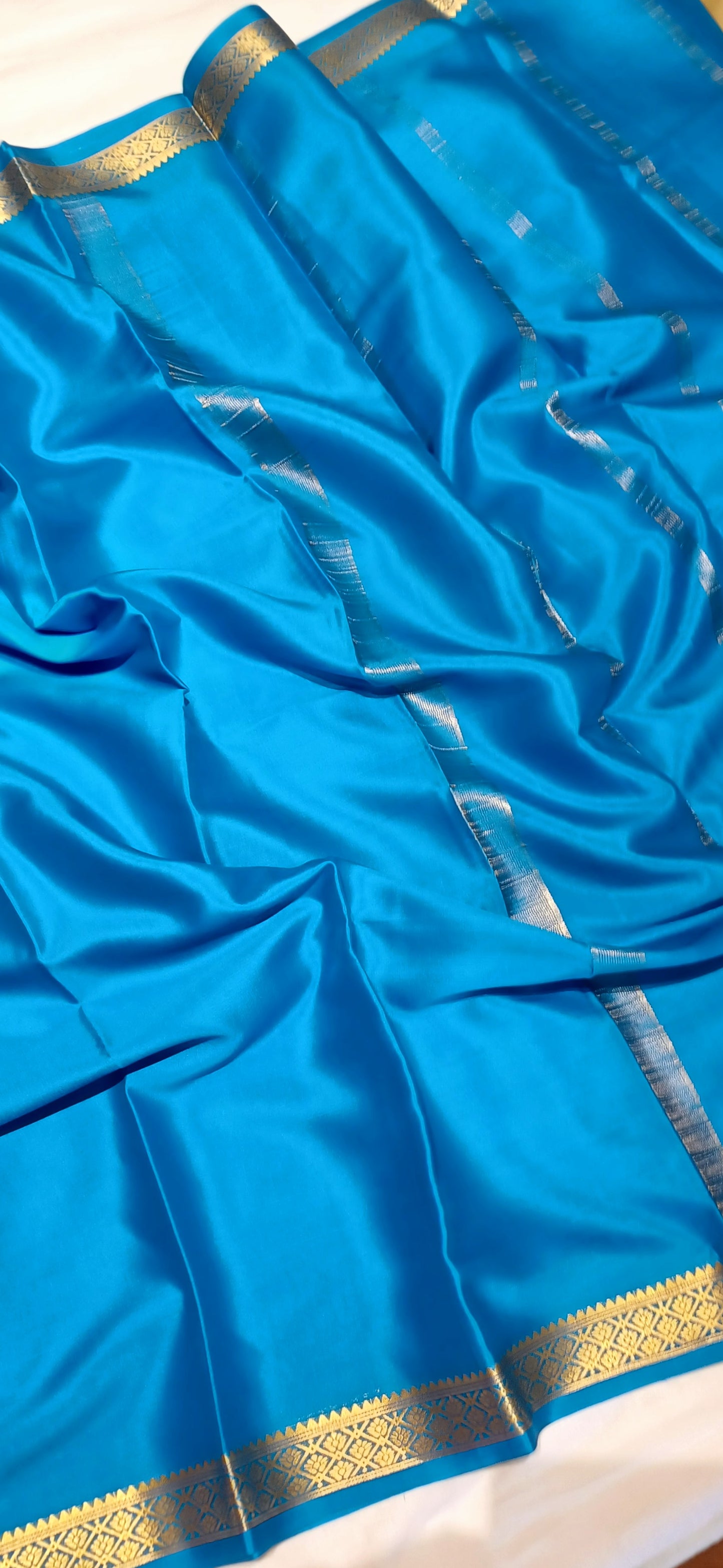 Dark Sky Blue Pure Silk Pure Zari Mysore Crepe Saree