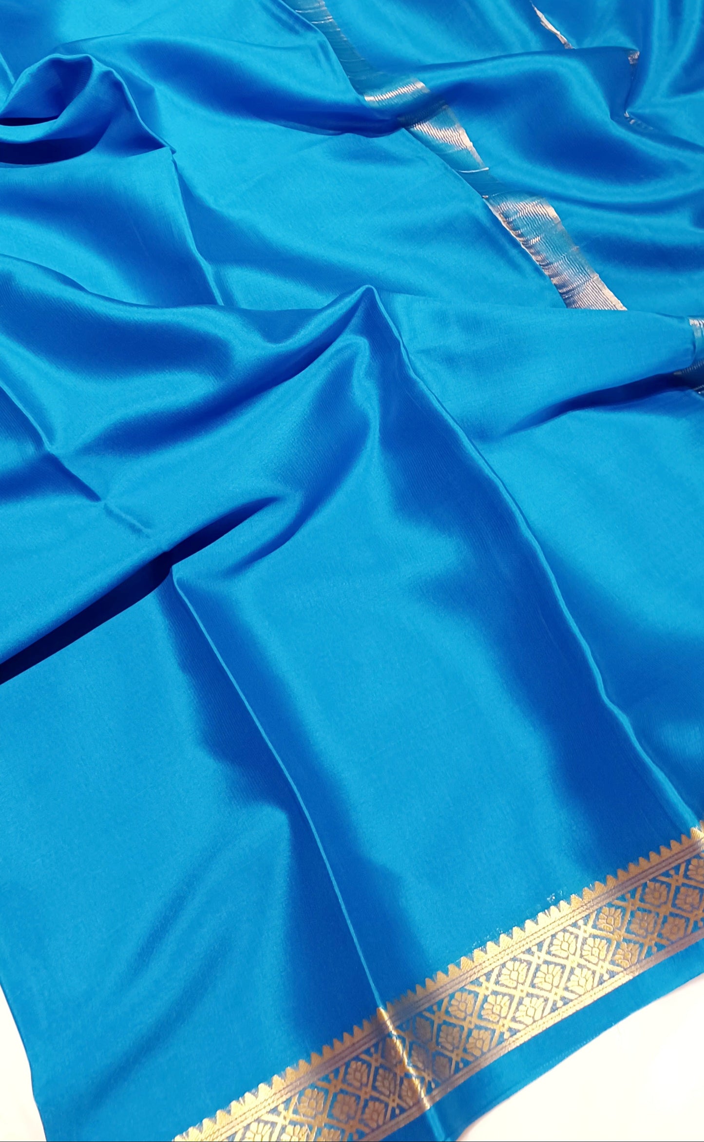 Dark Sky Blue Pure Silk Pure Zari Mysore Crepe Saree