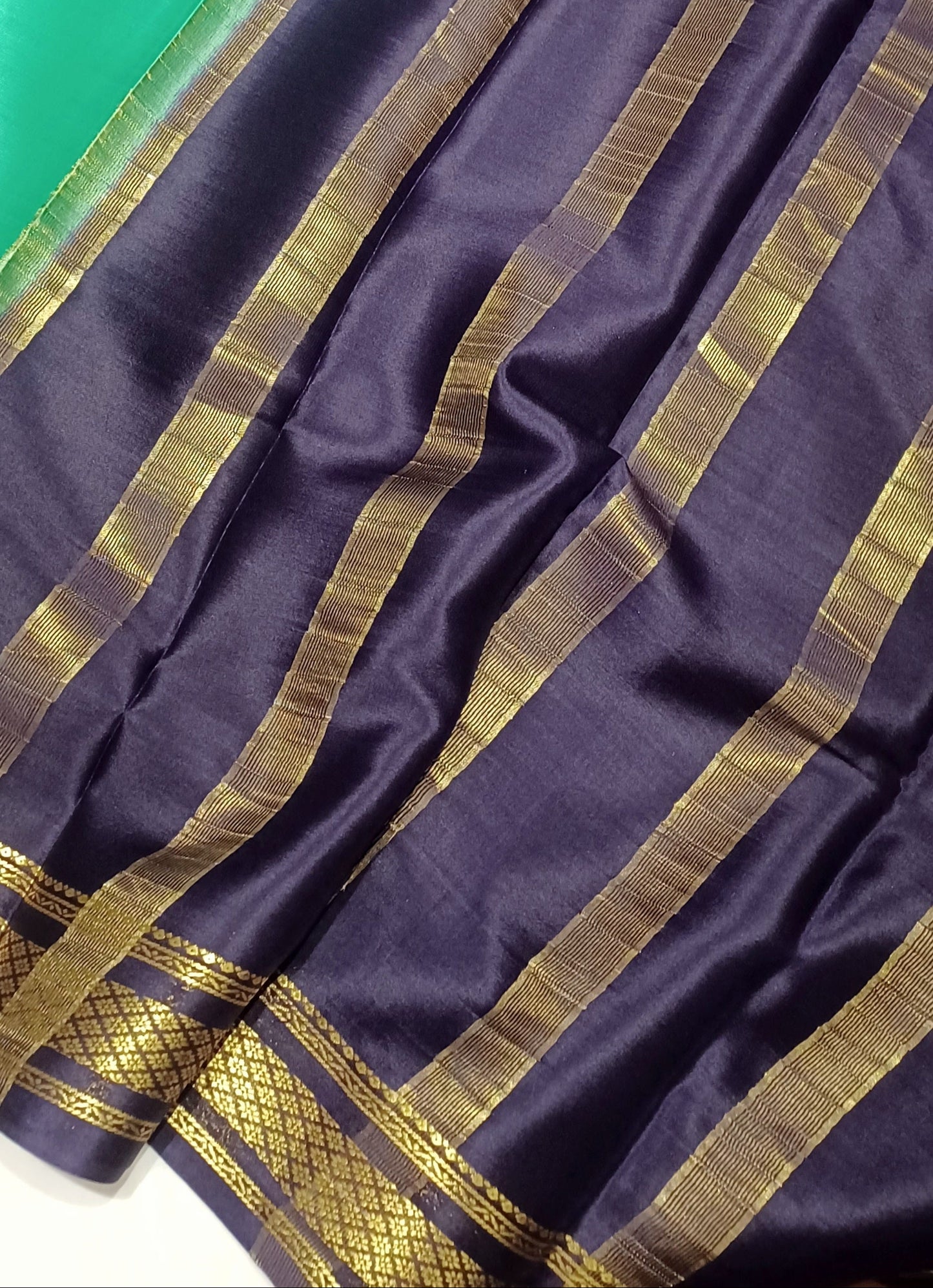 Light rama green with Dark brown border Pure Silk Pure Zari Mysore Crepe Saree