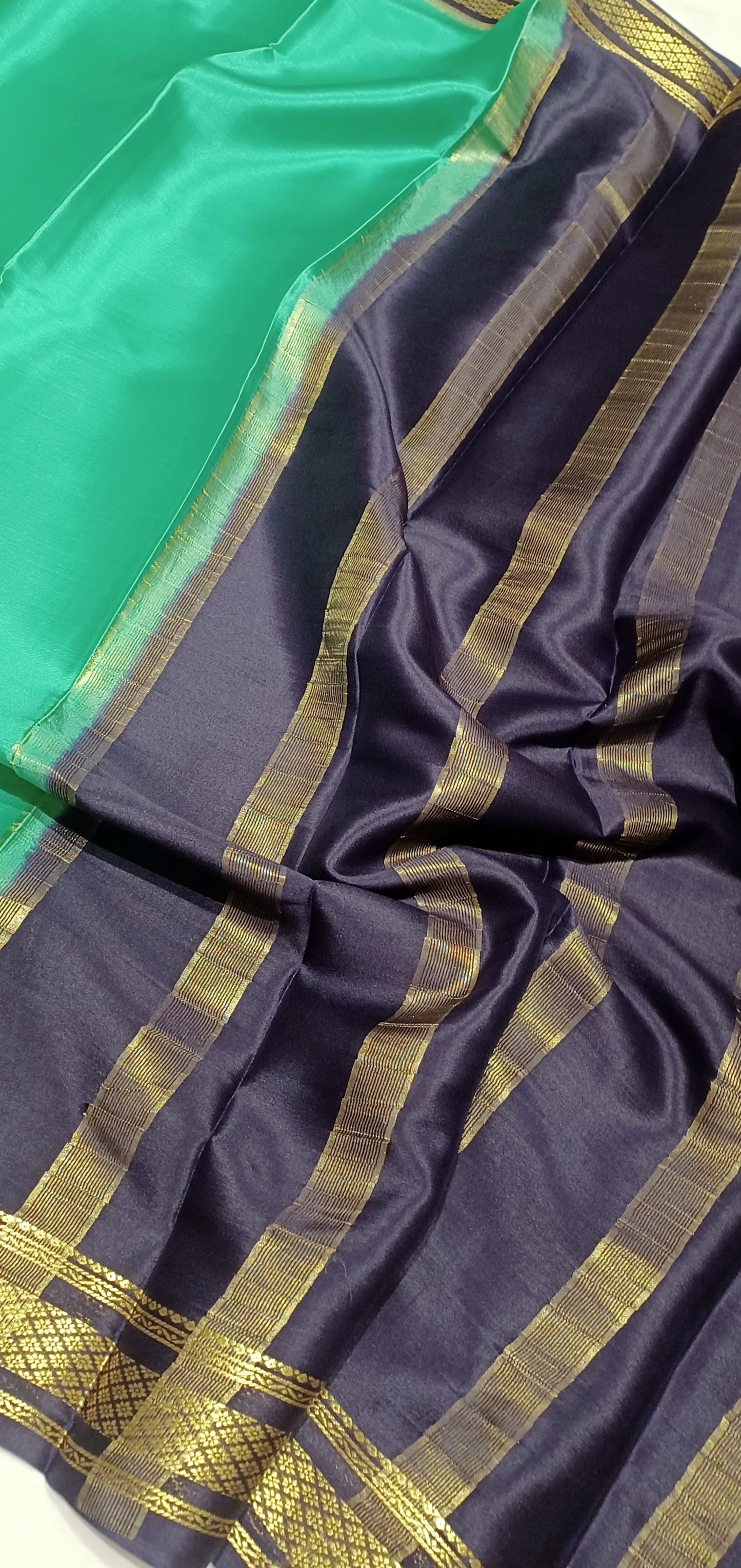 Light rama green with Dark brown border Pure Silk Pure Zari Mysore Crepe Saree
