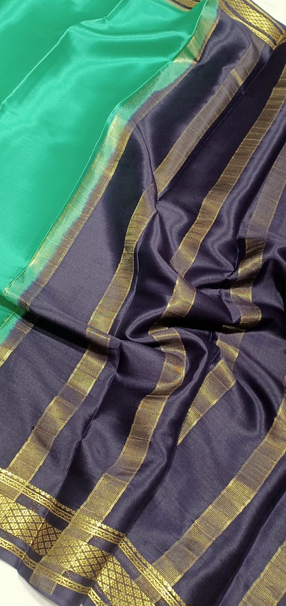 Light rama green with Dark brown border Pure Silk Pure Zari Mysore Crepe Saree