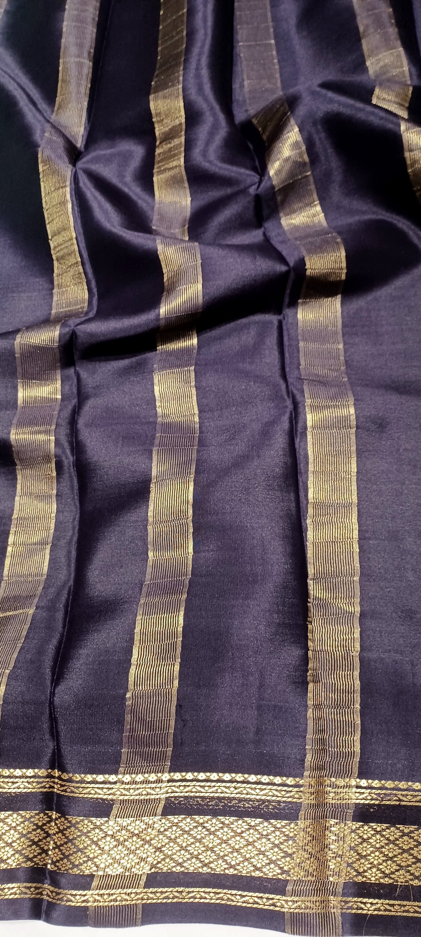 Light rama green with Dark brown border Pure Silk Pure Zari Mysore Crepe Saree