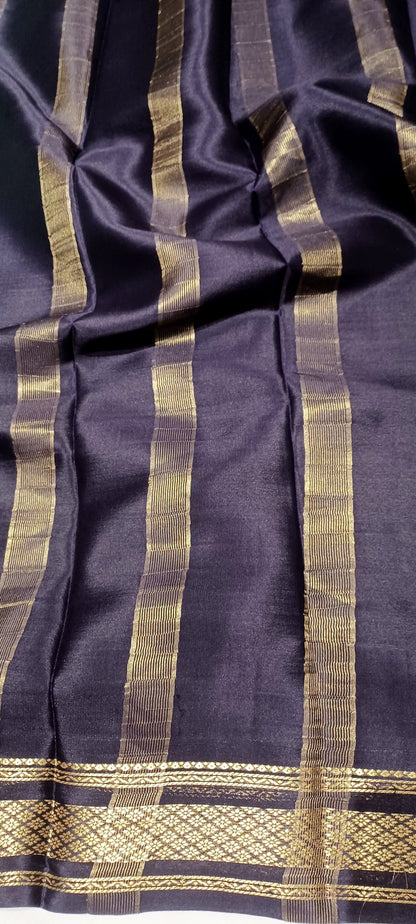 Light rama green with Dark brown border Pure Silk Pure Zari Mysore Crepe Saree
