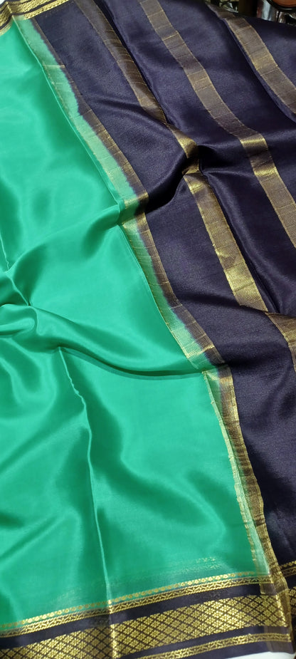 Light rama green with Dark brown border Pure Silk Pure Zari Mysore Crepe Saree