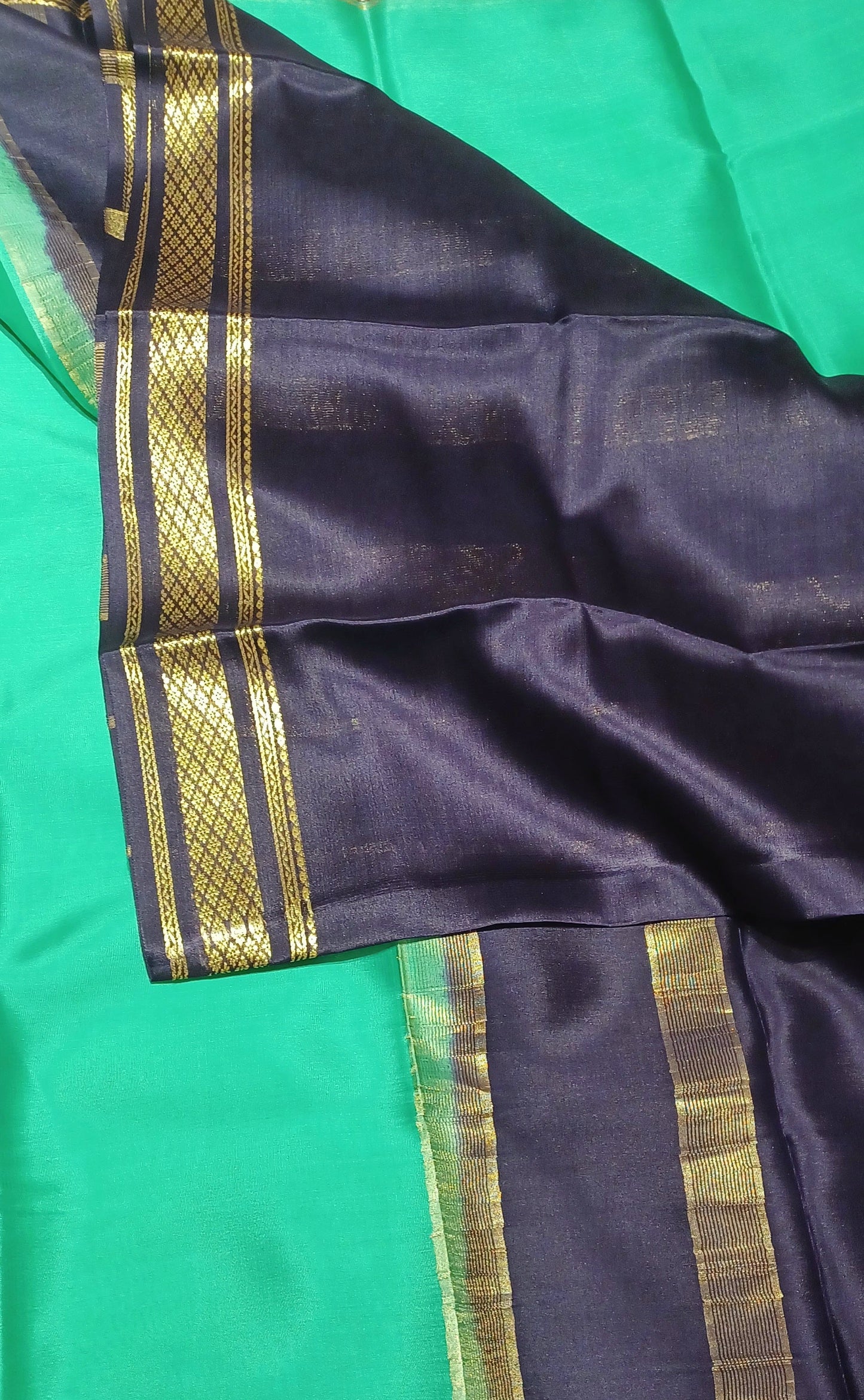 Light rama green with Dark brown border Pure Silk Pure Zari Mysore Crepe Saree
