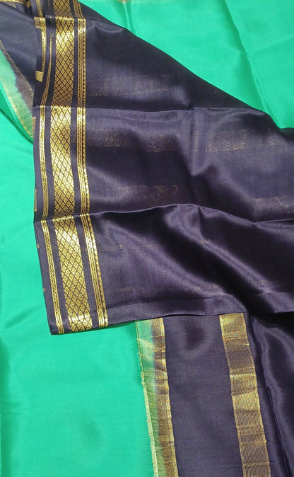 Light rama green with Dark brown border Pure Silk Pure Zari Mysore Crepe Saree