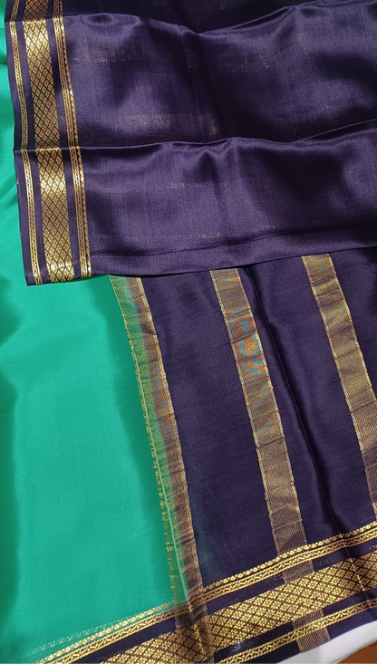 Light rama green with Dark brown border Pure Silk Pure Zari Mysore Crepe Saree