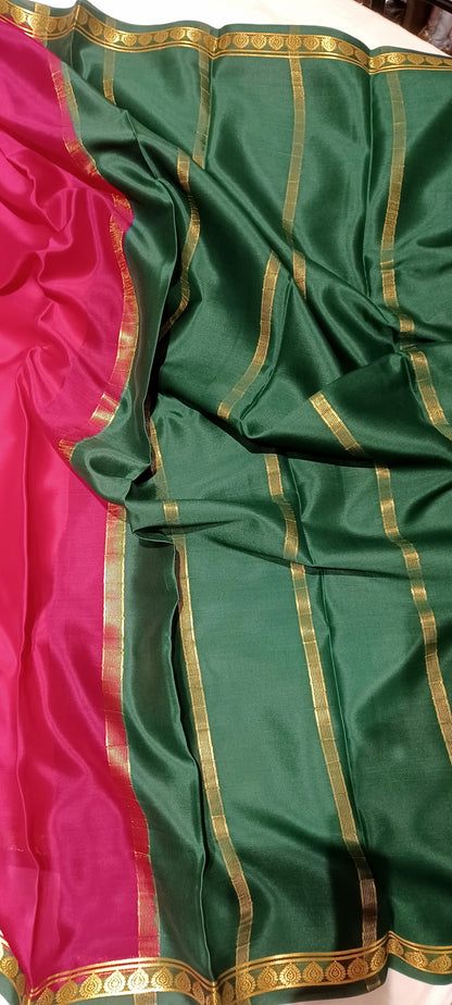 Rani Pink with Dark Green border Pure Silk Pure Zari Mysore Crepe Saree