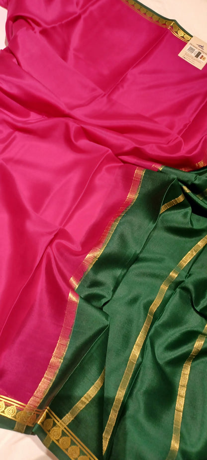 Rani Pink with Dark Green border Pure Silk Pure Zari Mysore Crepe Saree