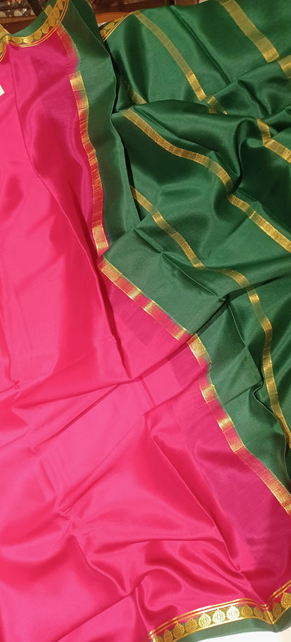 Rani Pink with Dark Green border Pure Silk Pure Zari Mysore Crepe Saree