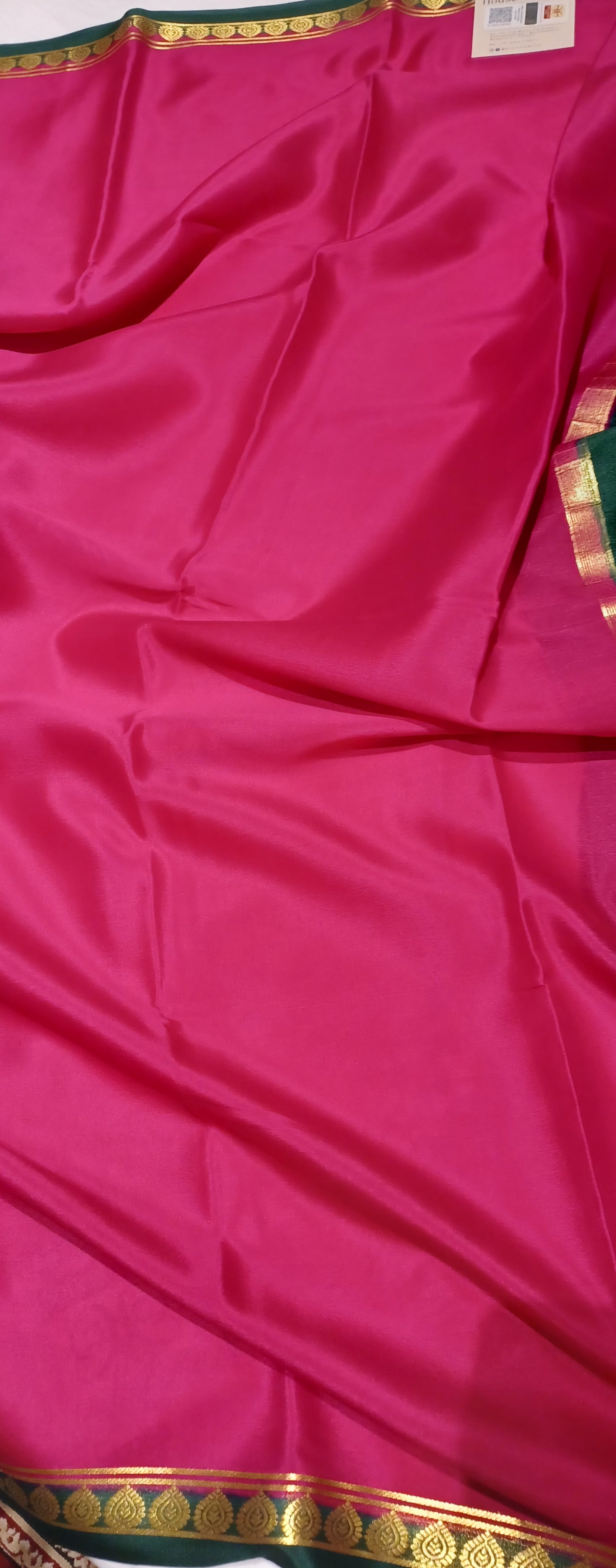Rani Pink with Dark Green border Pure Silk Pure Zari Mysore Crepe Saree