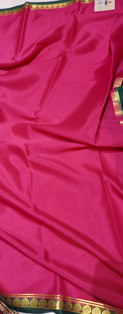 Rani Pink with Dark Green border Pure Silk Pure Zari Mysore Crepe Saree