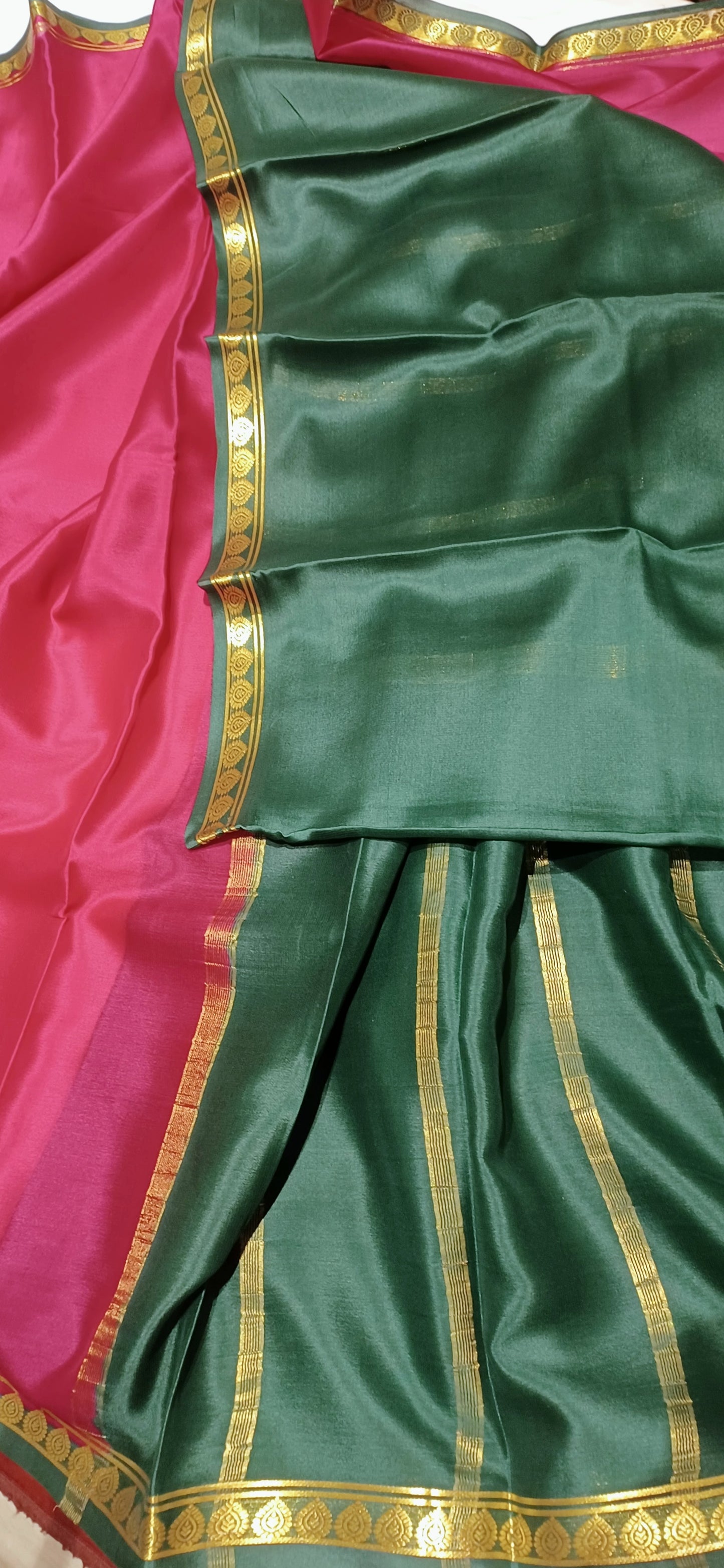 Rani Pink with Dark Green border Pure Silk Pure Zari Mysore Crepe Saree