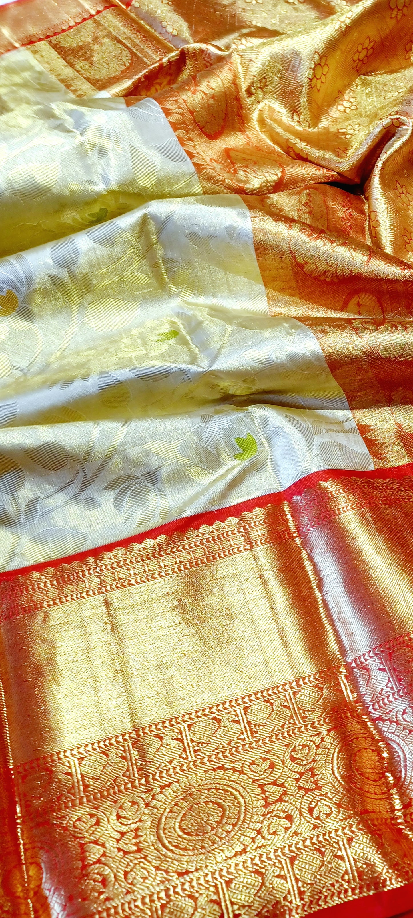 Off-white and Red Bridal Kanchipuram pure silk brocade weave saree