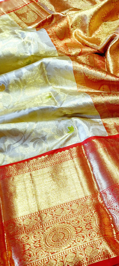 Off-white and Red Bridal Kanchipuram pure silk brocade weave saree