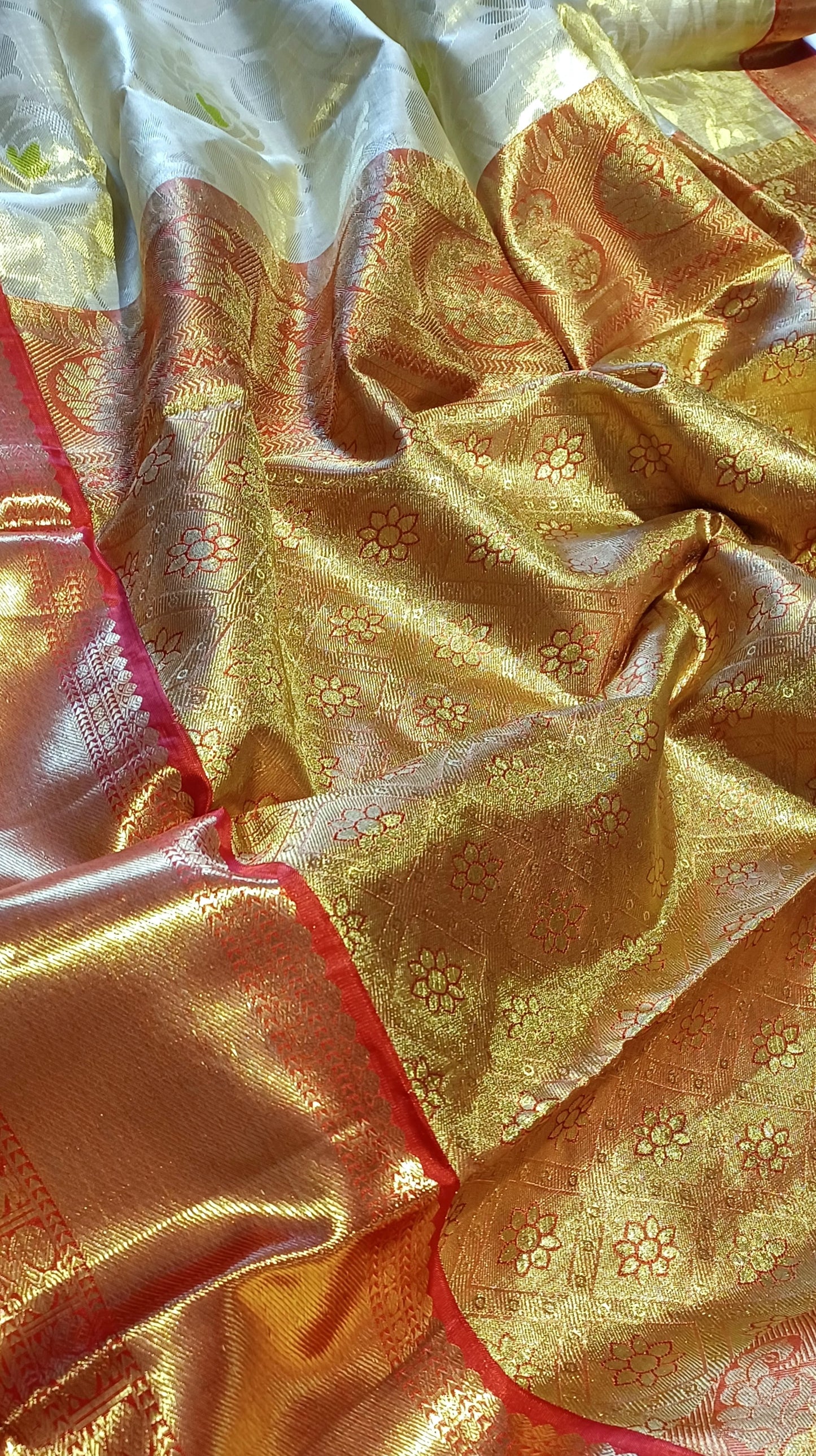 Off-white and Red Bridal Kanchipuram pure silk brocade weave saree