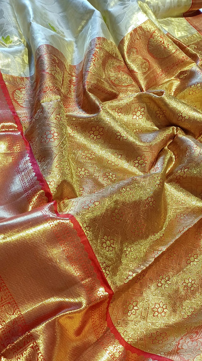 Off-white and Red Bridal Kanchipuram pure silk brocade weave saree