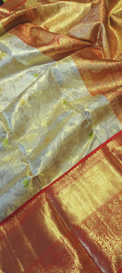 Off-white and Red Bridal Kanchipuram pure silk brocade weave saree