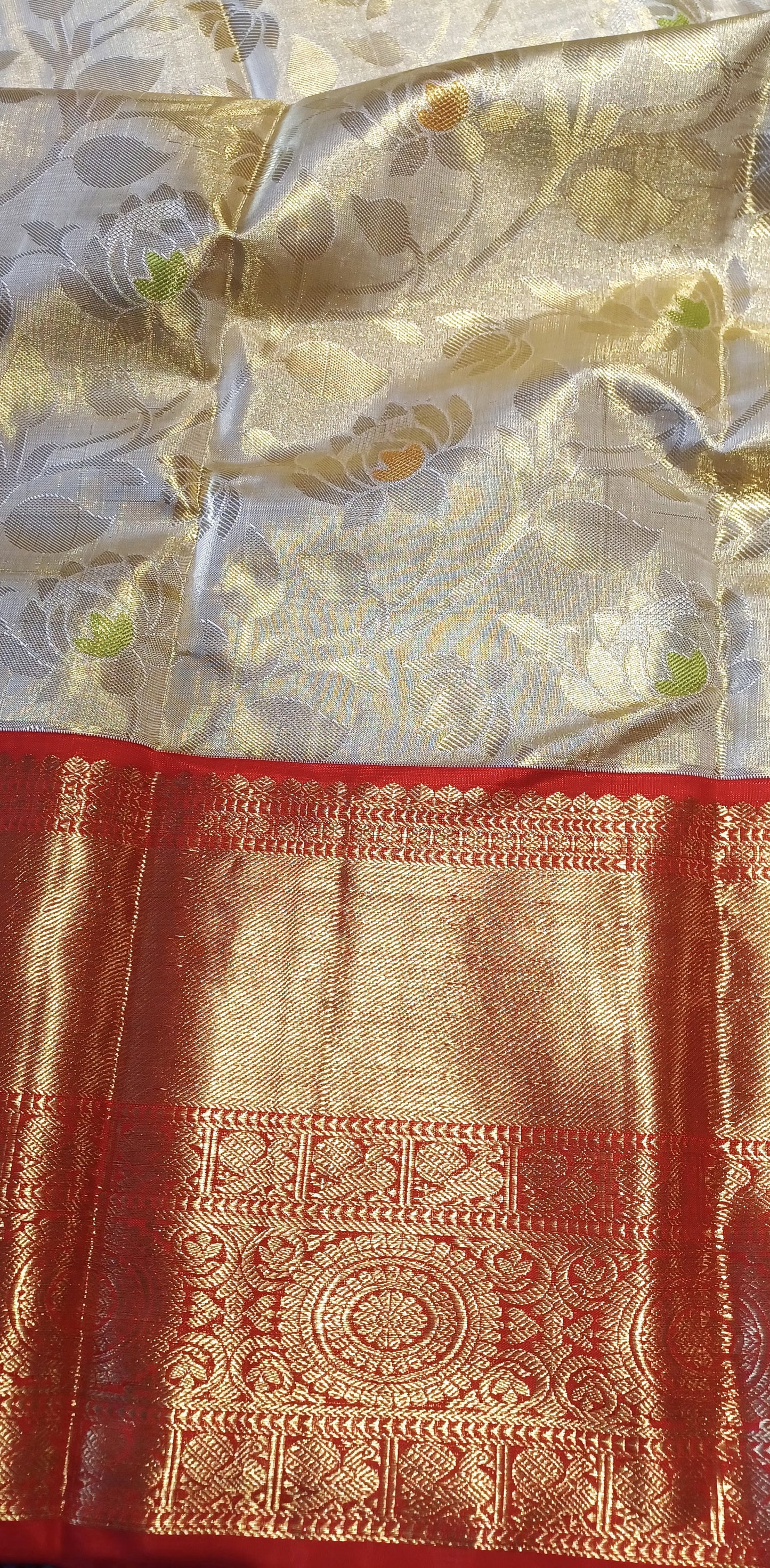 Off-white and Red Bridal Kanchipuram pure silk brocade weave saree