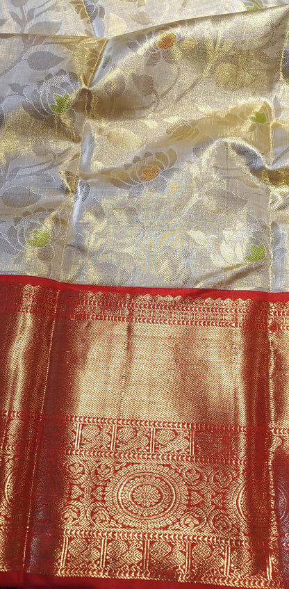 Off-white and Red Bridal Kanchipuram pure silk brocade weave saree