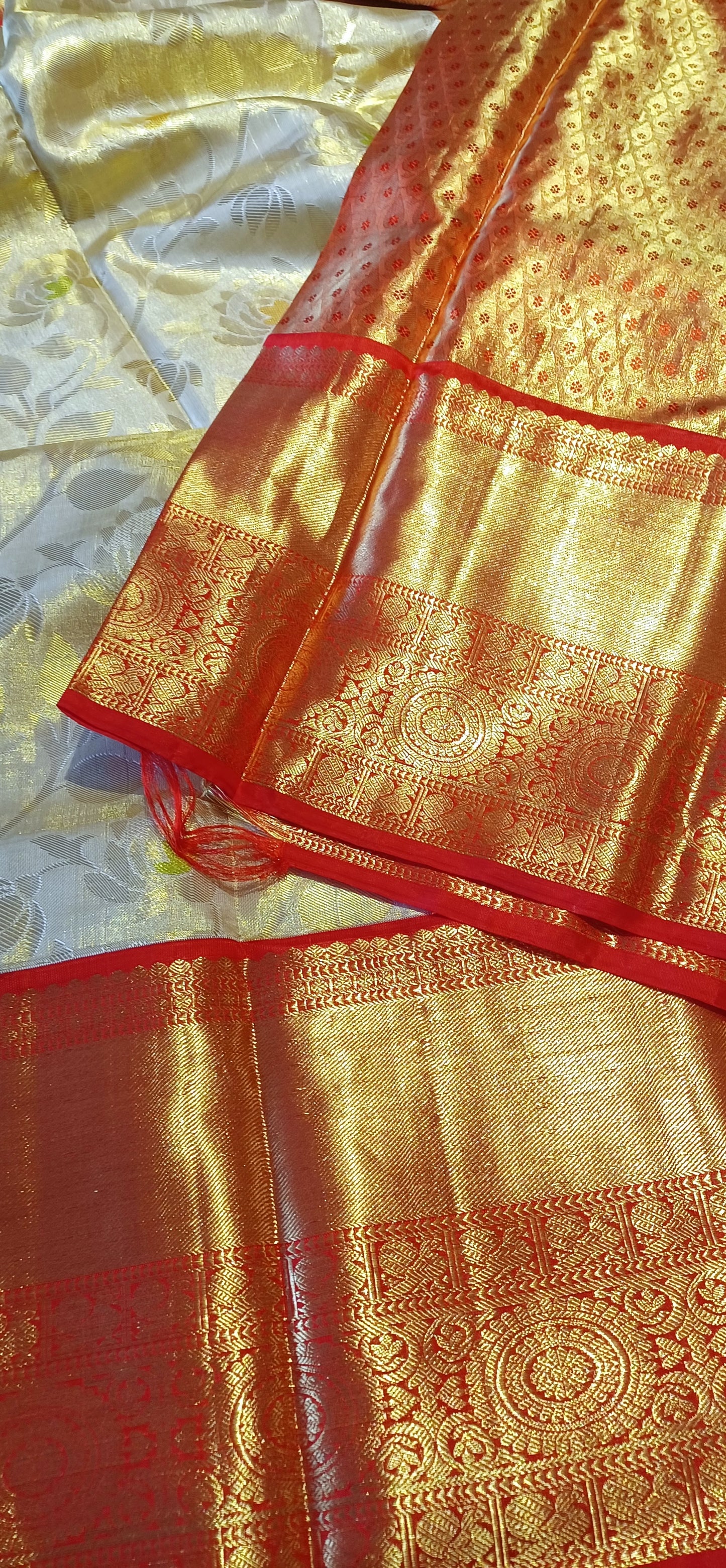 Off-white and Red Bridal Kanchipuram pure silk brocade weave saree