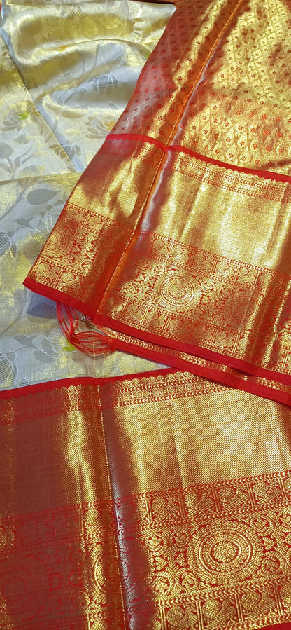 Off-white and Red Bridal Kanchipuram pure silk brocade weave saree