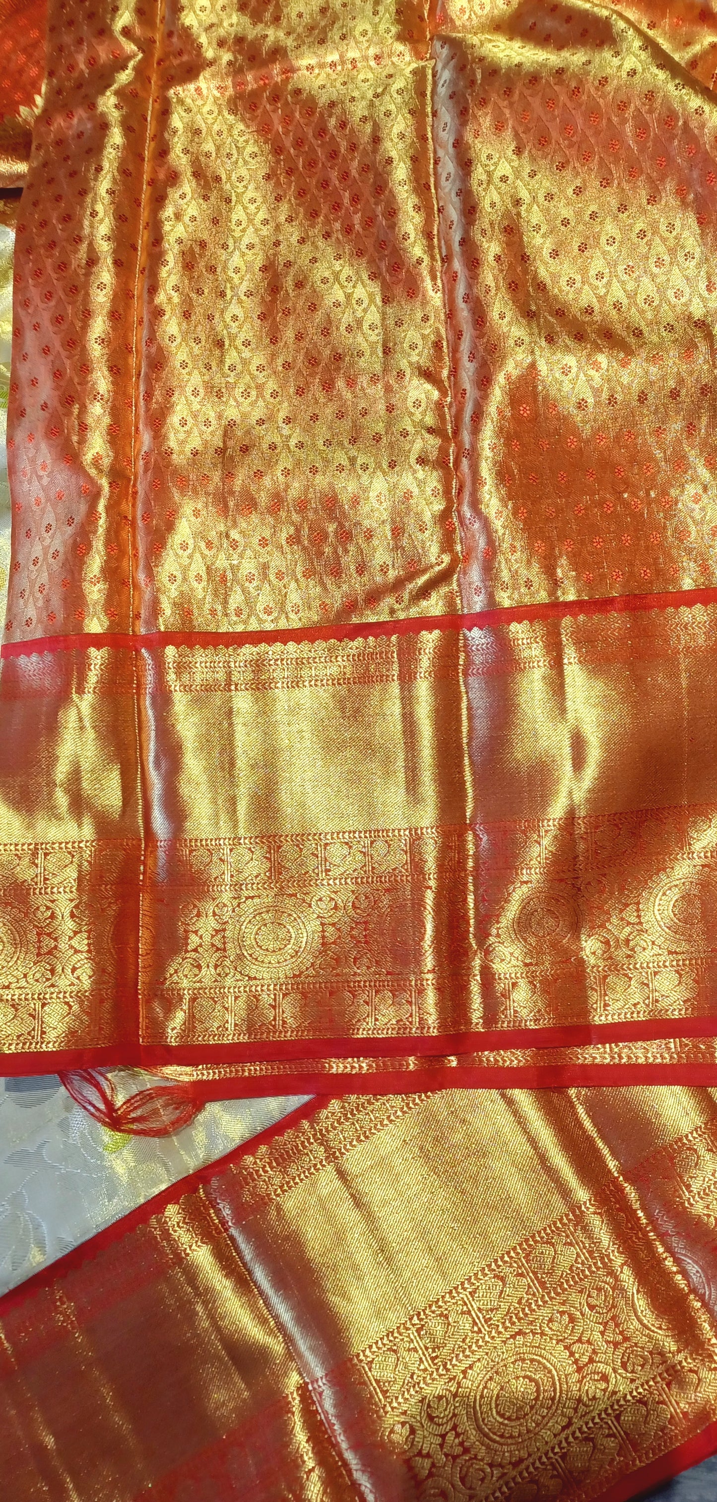 Off-white and Red Bridal Kanchipuram pure silk brocade weave saree