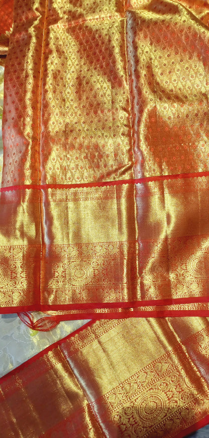 Off-white and Red Bridal Kanchipuram pure silk brocade weave saree