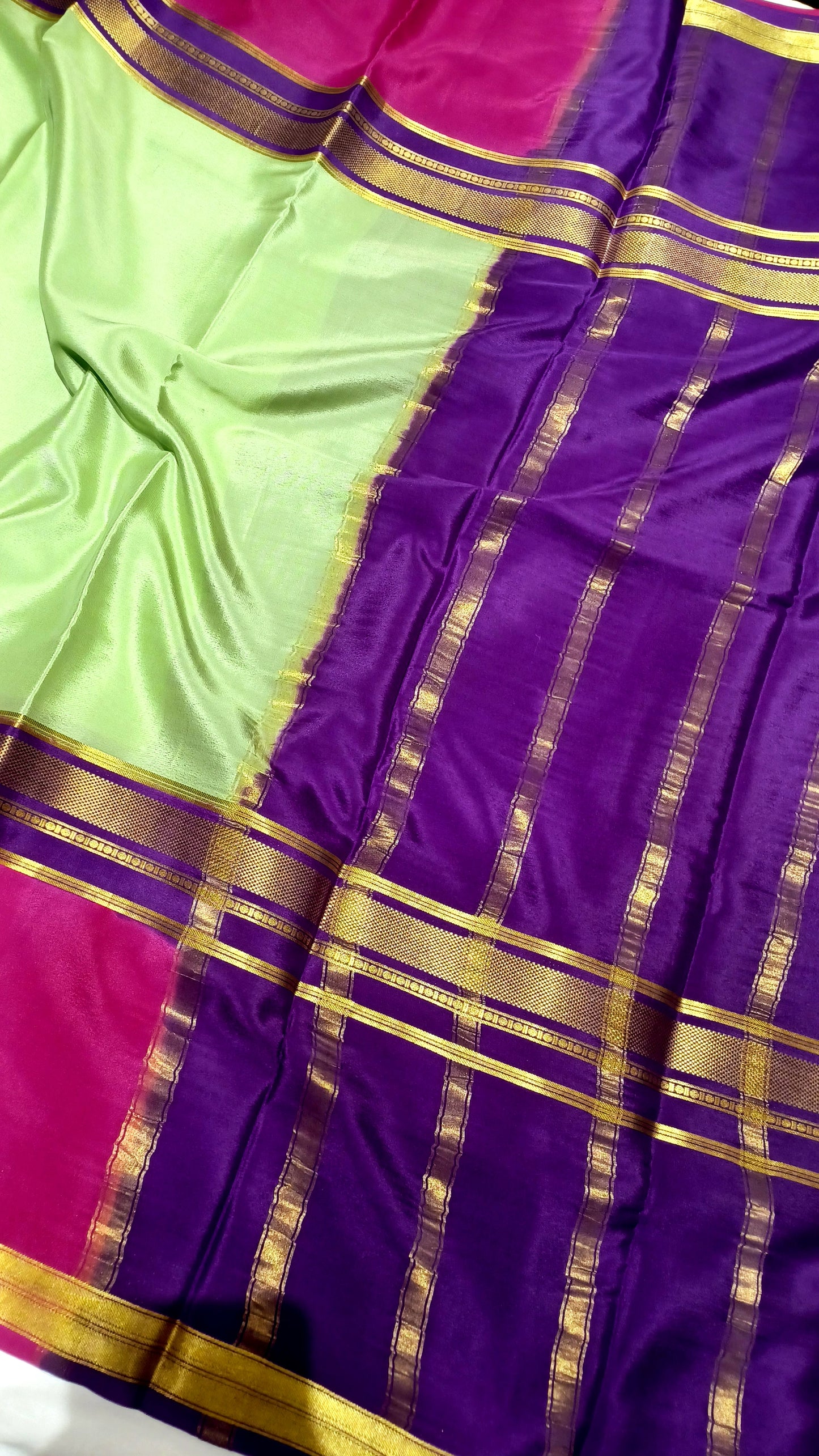 Pista Green Premium Bentex 3D Mysore Crepe Pure Silk Saree