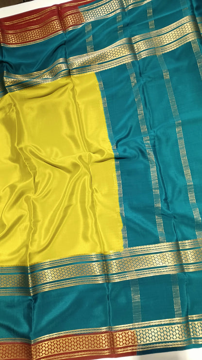 Olive Yellow Premium Bentex 3D Mysore Crepe Pure Silk Saree