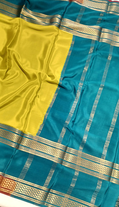 Olive Yellow Premium Bentex 3D Mysore Crepe Pure Silk Saree