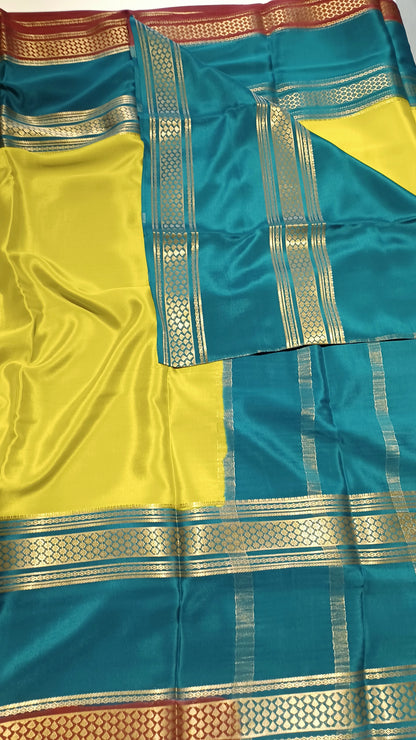 Olive Yellow Premium Bentex 3D Mysore Crepe Pure Silk Saree