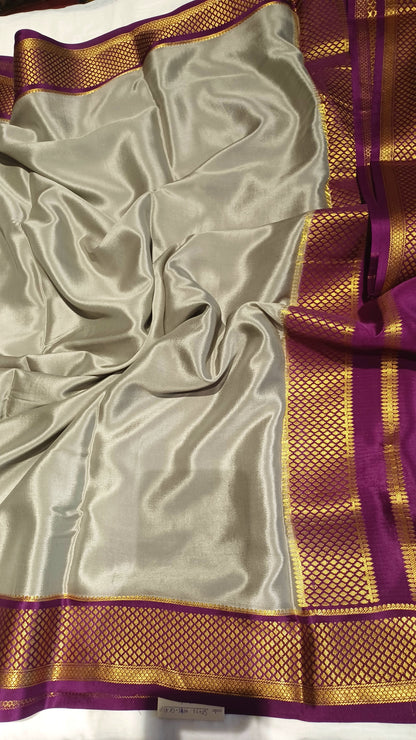 Dark Steel Grey Pure Silk Mysore Crepe Saree