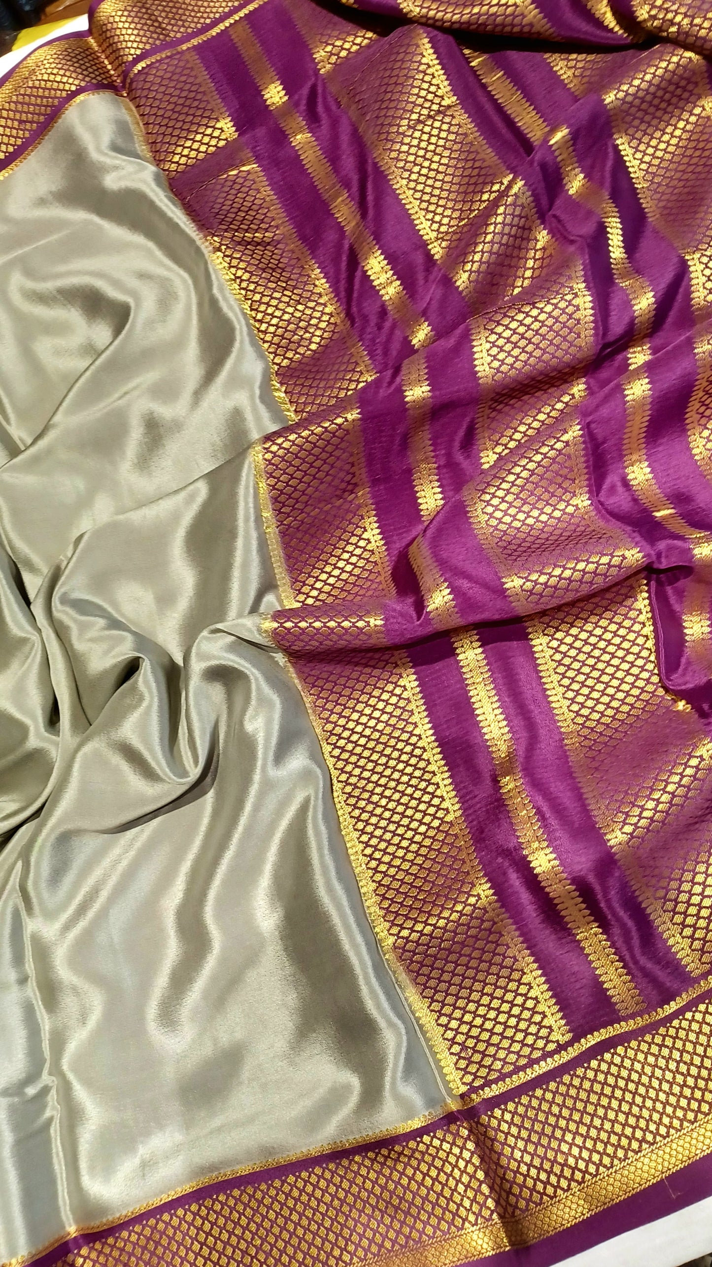 Dark Steel Grey Pure Silk Mysore Crepe Saree