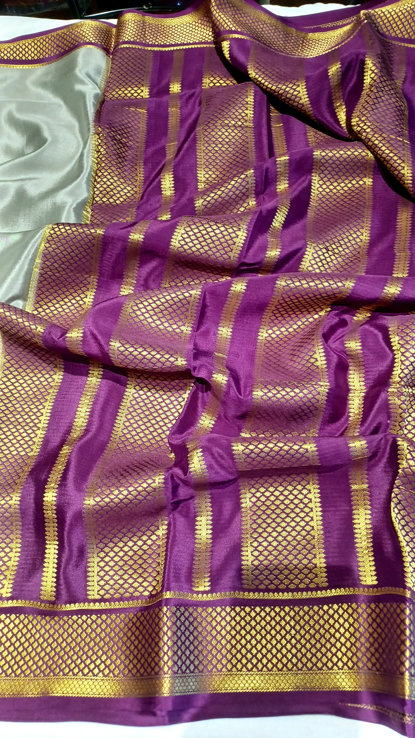 Dark Steel Grey Pure Silk Mysore Crepe Saree