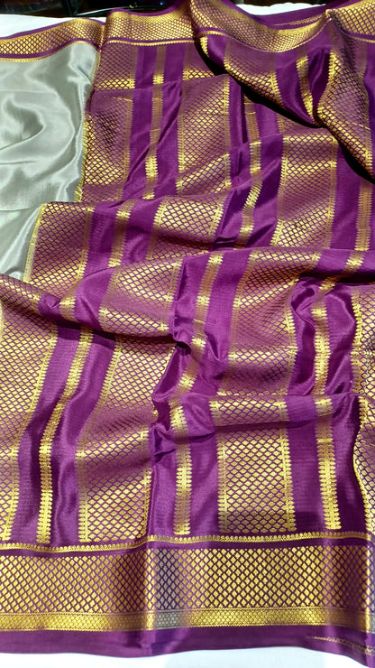 Dark Steel Grey Pure Silk Mysore Crepe Saree