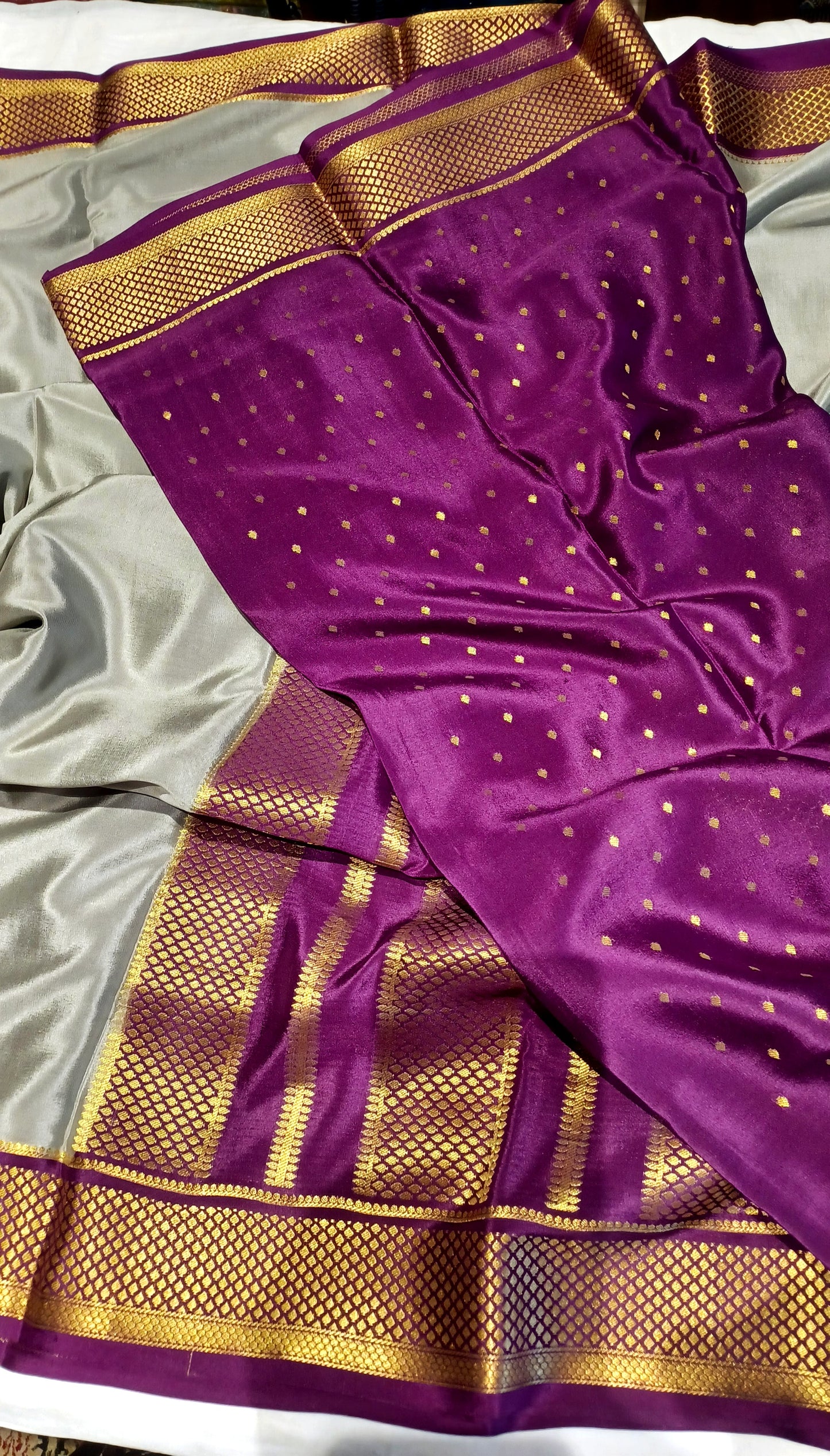 Dark Steel Grey Pure Silk Mysore Crepe Saree