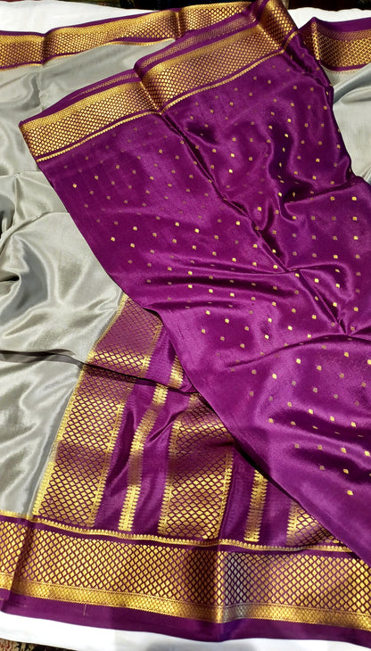 Dark Steel Grey Pure Silk Mysore Crepe Saree