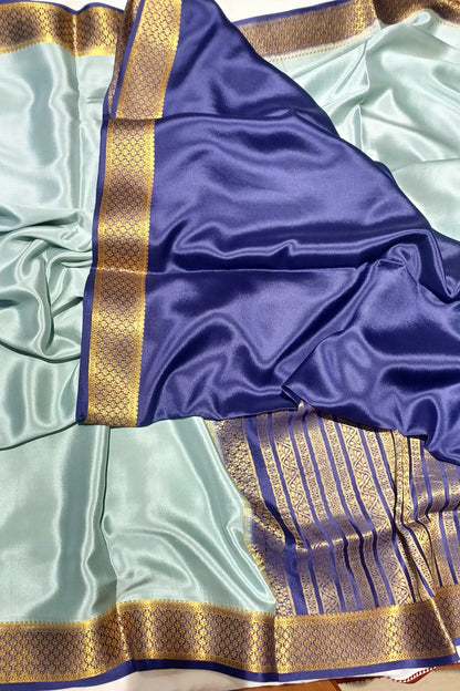 Pale Bluish Grey Pure Silk Mysore Crepe Saree