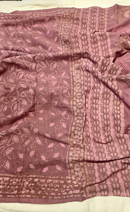 Dusky Pink Dabu handblock printed cotton saree