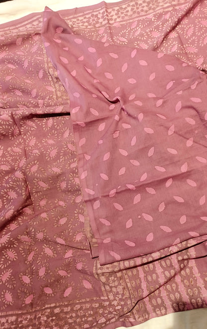 Dusky Pink Dabu handblock printed cotton saree
