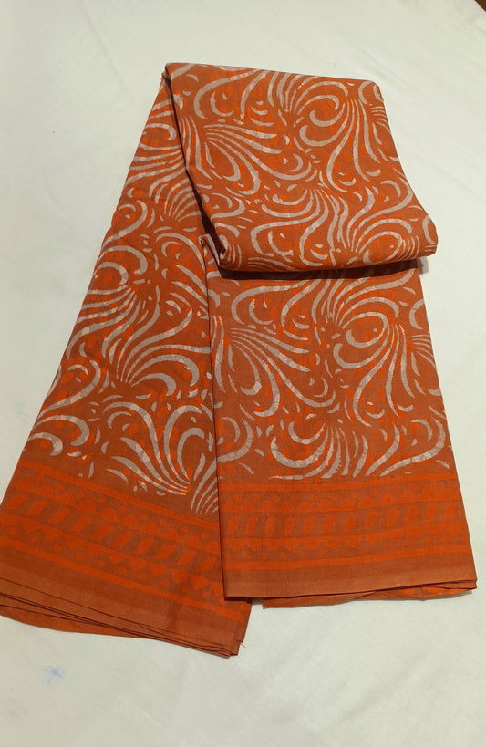 Orange Dabu handblock printed cotton saree