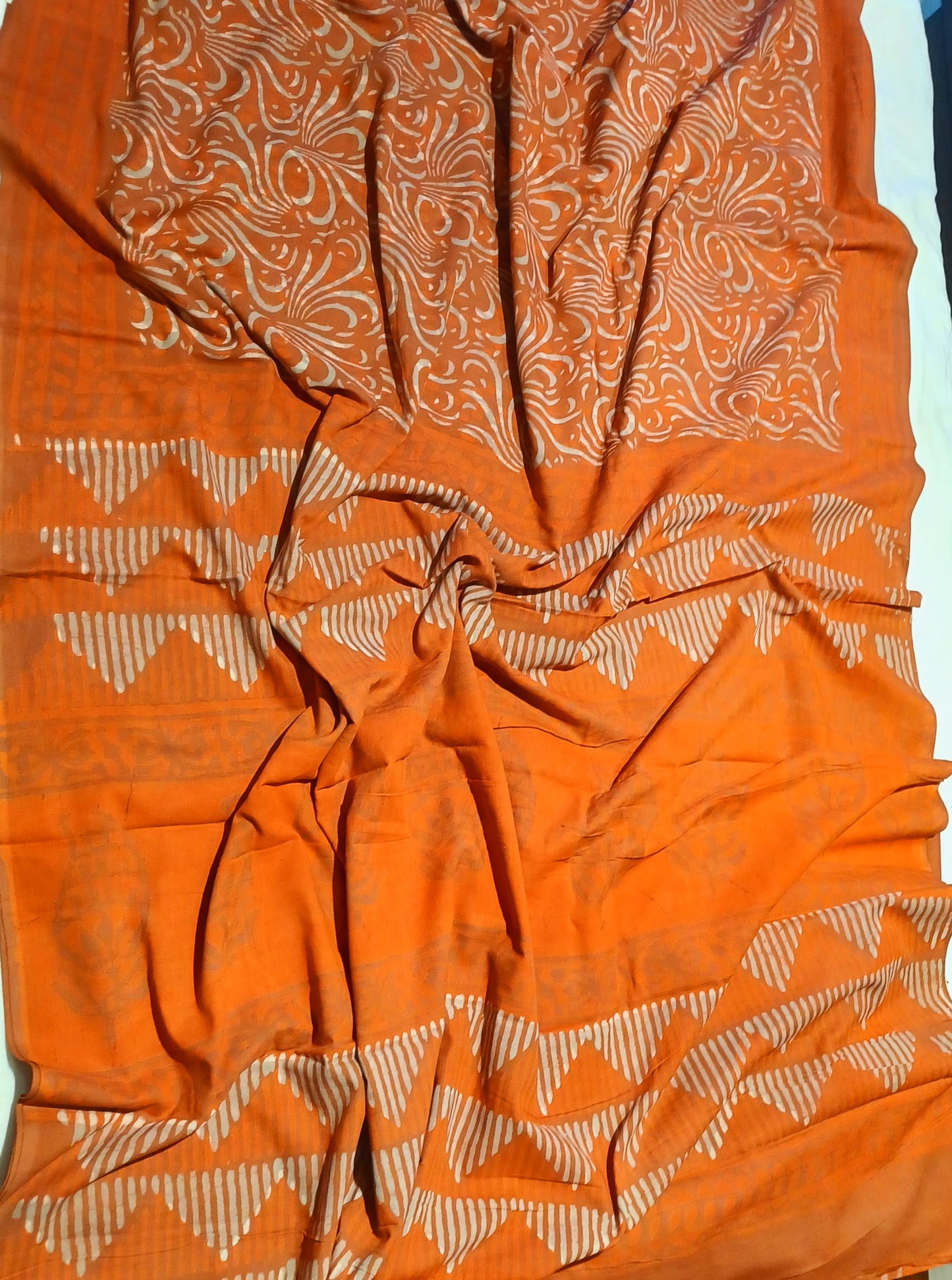 Orange Dabu handblock printed cotton saree