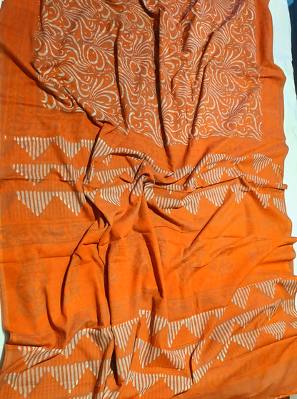 Orange Dabu handblock printed cotton saree