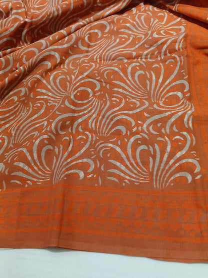 Orange Dabu handblock printed cotton saree