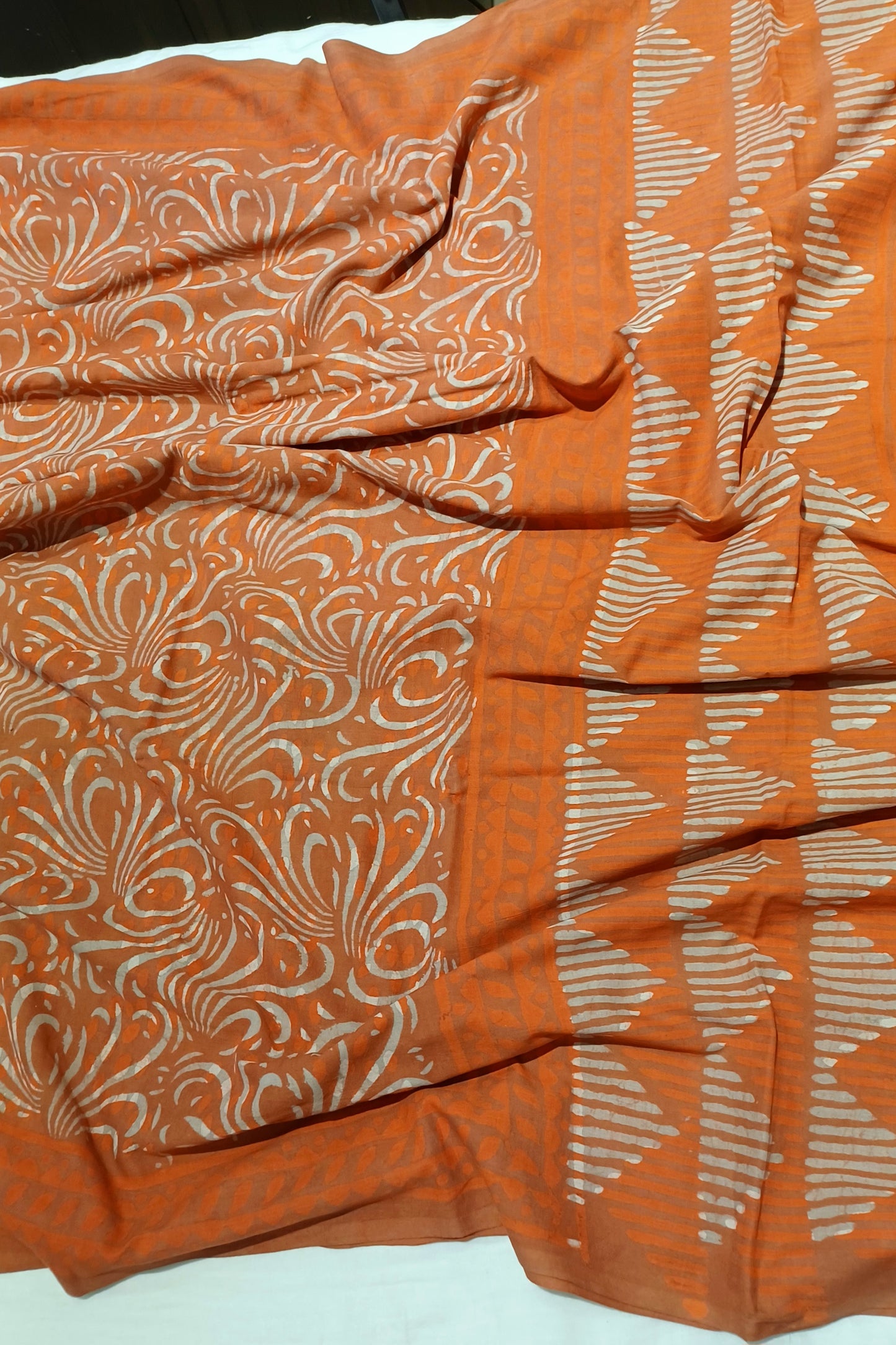Orange Dabu handblock printed cotton saree